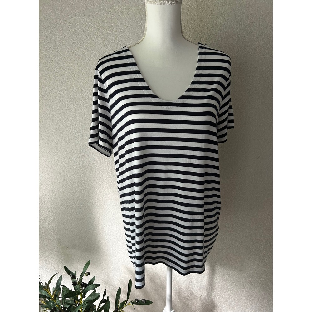 J. Jill Wearever Navy Blue White Striped V-Neck Short Sleeve T-Shirt Rayon Blend